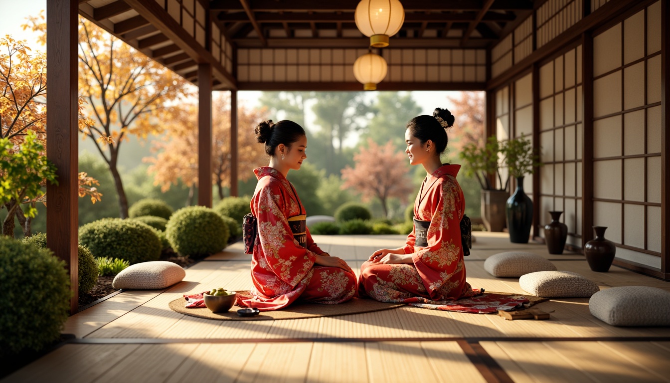 Prompt: Vibrant silk fabrics, intricately embroidered kimonos, ornate ceramic vases, traditional Japanese shoji screens, delicate cherry blossom patterns, richly textured tatami mats, serene bamboo gardens, natural wood accents, subtle paper lanterns, warm golden lighting, shallow depth of field, 1/1 composition, realistic renderings, ambient occlusion.