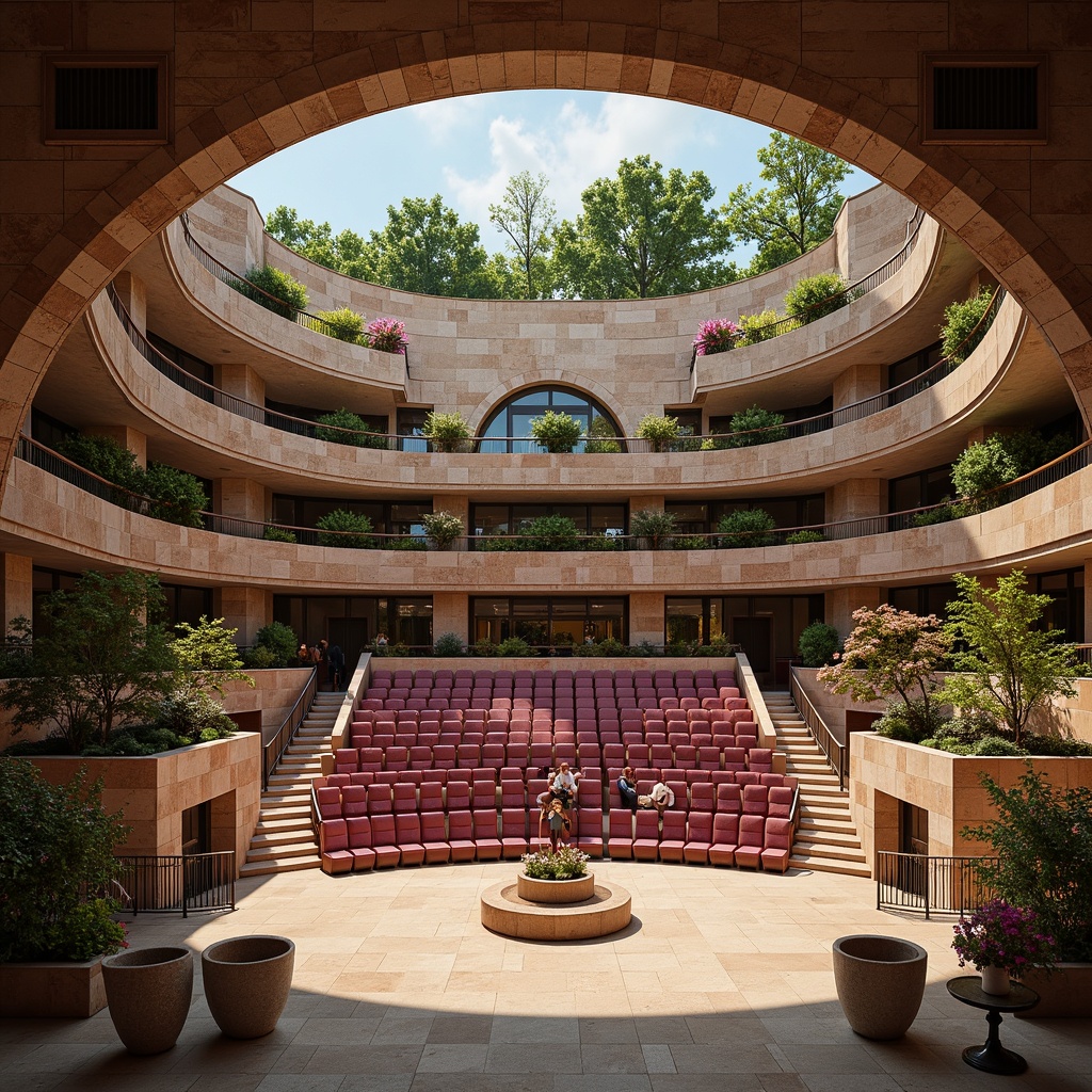 Prompt: Majestic amphitheater, mauve-colored seating, gradient stone walls, ornate metal railings, lush greenery, vibrant flower arrangements, soft warm lighting, shallow depth of field, 3/4 composition, panoramic view, realistic textures, ambient occlusion, warm beige flooring, rich wood accents, subtle patterned carpets, elegant curved lines, sophisticated architecture, dramatic arches, grand entranceways, majestic columns, luxurious VIP areas, exclusive lounge seating.