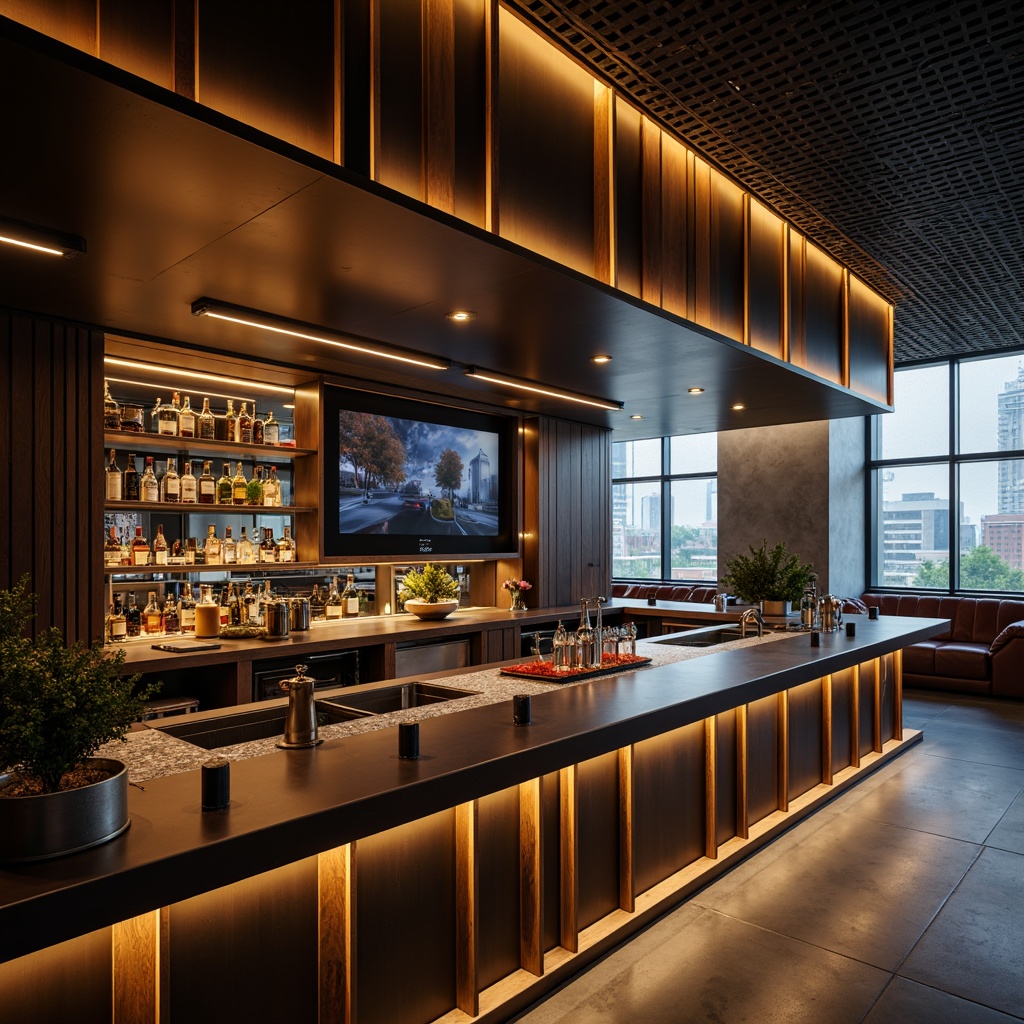 Prompt: Modern bar counter, sleek metallic surfaces, minimalist design, LED lighting strips, polished chrome accents, glossy wood finishes, high-gloss countertops, geometric shapes, abstract patterns, industrial-chic decor, urban atmosphere, bustling city vibes, dim warm lighting, shallow depth of field, 1/2 composition, realistic textures, ambient occlusion.