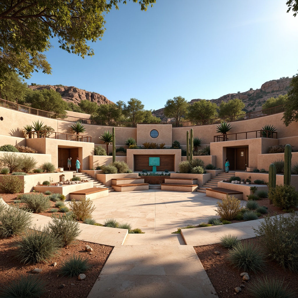 Prompt: Southwestern amphitheater, tiered seating, natural stone walls, wooden benches, rustic metal railings, desert landscaping, cacti plants, sandy terrain, clear blue sky, warm sunny day, soft diffused lighting, shallow depth of field, 3/4 composition, panoramic view, realistic textures, ambient occlusion, curved architectural lines, earthy color palette, vibrant turquoise accents, woven textiles, geometric patterns, intricate stonework, natural ventilation systems, acoustic soundproofing, optimized reverberation times.