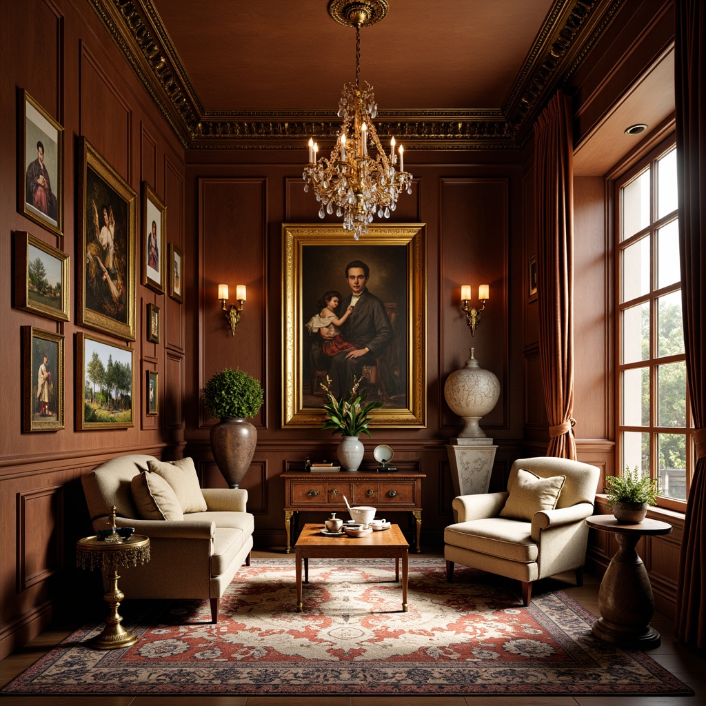 Prompt: Elegant traditional living room, rich wood paneling, ornate furnishings, lavish chandeliers, classic artwork displays, gilded frames, sophisticated sculptures, antique vases, intricate patterns, velvet drapes, warm golden lighting, shallow depth of field, 1/2 composition, realistic textures, ambient occlusion.