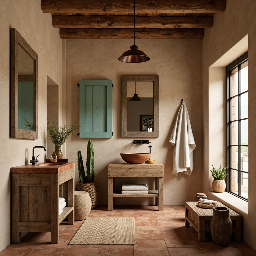 Prompt: Southwestern bathroom, earthy tones, rustic wood cabinetry, distressed finishes, turquoise accents, woven textiles, natural stone countertops, copper fixtures, desert botanicals, cacti, warm sandy beige walls, terracotta flooring, ambient lighting, soft shadows, shallow depth of field, 1/1 composition, realistic textures, subtle grain details.