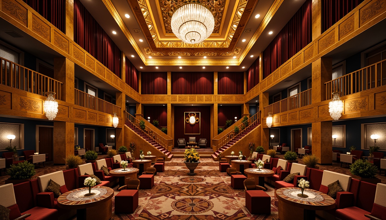 Prompt: Luxurious cinema interior, ornate gold leaf accents, art deco patterns, geometric shapes, lavish furnishings, velvet drapes, crystal chandeliers, rich wood paneling, intricate moldings, grand staircases, opulent textiles, metallic finishes, bold color schemes, dramatic lighting, warm golden tones, high contrast ratios, shallow depth of field, 1/2 composition, cinematic framing, realistic reflections, ambient occlusion.