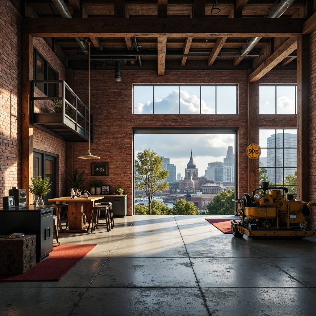 Prompt: Industrial warehouse atmosphere, exposed brick walls, metal beams, reclaimed wood accents, vintage machinery parts, distressed textures, warm earthy tones, muted grays, blues, and greens, rusty oranges, bold yellows, urban cityscape views, cloudy skies, soft natural light, shallow depth of field, 3/4 composition, realistic renderings, ambient occlusion.