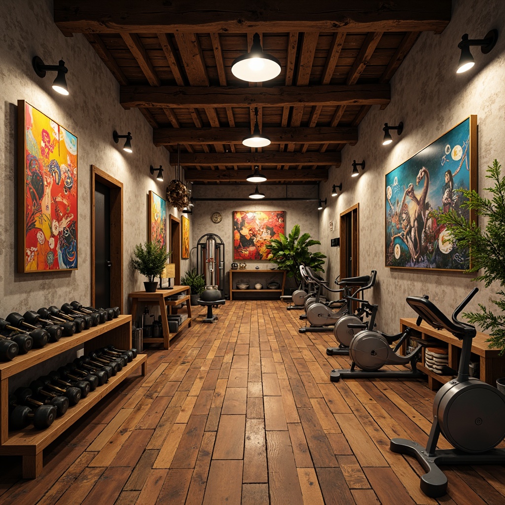 Prompt: Rustic home gym, distressed wood flooring, worn concrete walls, metallic equipment, vintage dumbbells, retro-style exercise bikes, bold colorful accents, eclectic decorative elements, expressionist artwork, abstract patterns, rough-hewn wooden beams, industrial metal pipes, dim warm lighting, dramatic shadows, 1/2 composition, low-angle shot, gritty realistic textures, ambient occlusion.