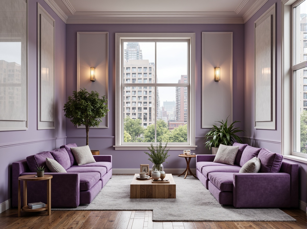 Prompt: Soft lavender walls, creamy white trim, rich wood accents, velvety purple sofas, golden lighting fixtures, lush greenery, natural stone floors, modern minimalist decor, floor-to-ceiling windows, urban city views, 1/1 composition, warm and inviting atmosphere, soft focus, shallow depth of field, Wisteria-inspired color palette.Please let me know if this meets your requirements or if you need further adjustments!