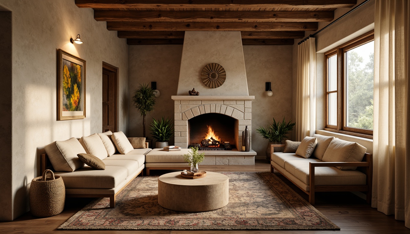 Prompt: Cozy living room, textured walls, earthy tones, natural stone accents, warm beige colors, rustic wooden furniture, plush area rugs, soft overhead lighting, 1/2 composition, intimate atmosphere, realistic textures, ambient occlusion.