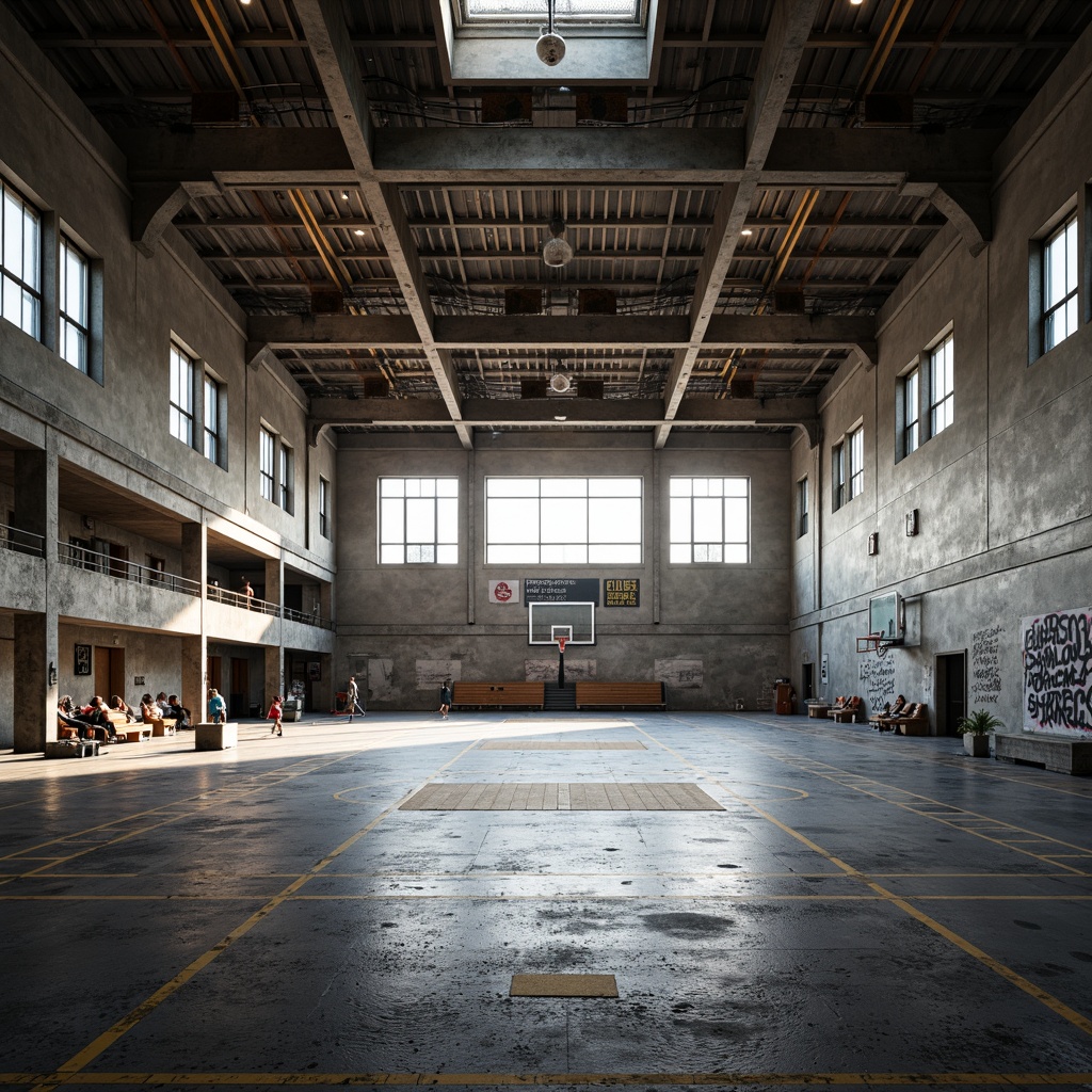 Prompt: Exposed concrete walls, industrial metal beams, raw brick floors, minimal ornamentation, brutalist architecture style, vast open spaces, natural light flooding, high ceilings, steel trusses, functional athletic equipment, wooden bleachers, basketball courts, running tracks, athletic markings, motivational quotes, urban graffiti, distressed textures, gritty atmosphere, dramatic shadows, high-contrast lighting, cinematic composition, 2.35