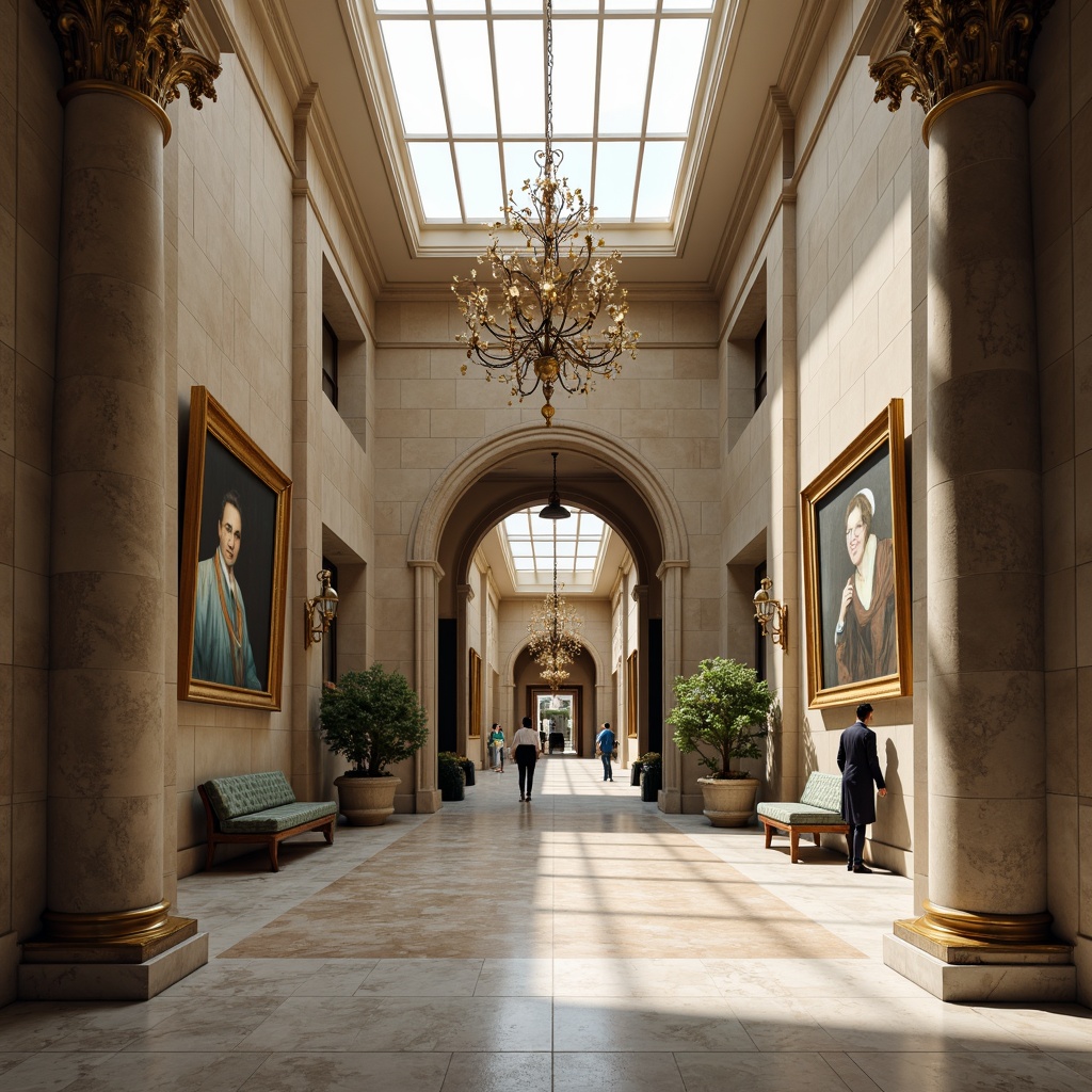 Prompt: Museum interior, grand entrance hall, high ceiling, marble flooring, elegant chandeliers, rich wood paneling, subtle beige walls, sophisticated dark grey accents, ornate golden frames, majestic stone columns, natural light pouring through skylights, warm soft lighting, 1/2 composition, shallow depth of field, realistic textures, ambient occlusion, harmonious color balance, calming atmosphere.