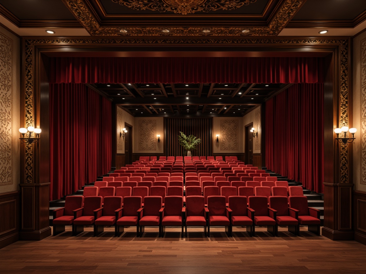 Prompt: Elegant theater interior, dark wood accents, plush red velvet seats, ornate golden details, softbox lighting, rich crimson curtains, sound-absorbing acoustic panels, geometric patterned fabrics, high-gloss wooden floors, subtle ambient lighting, intimate stage setting, 1/2 composition, dramatic spotlighting, warm beige walls, luxurious atmosphere, precise sound reflection control, diffused audio scattering.