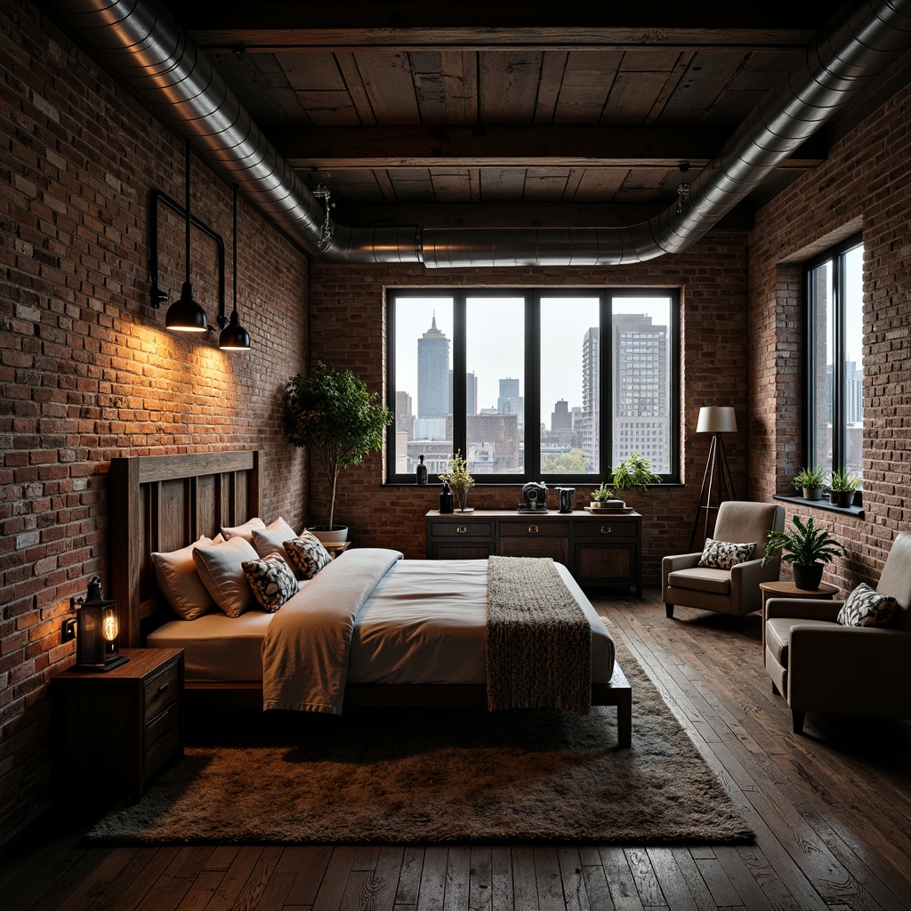 Prompt: Industrial-style bedroom with exposed brick walls, distressed wood flooring, metal beams, urban cityscape views, dark tones, vintage machinery parts, reclaimed wood furniture, Edison bulb lighting, rough-hewn stone accents, worn leather upholstery, industrial-chic decor, moody atmospheric lighting, shallow depth of field, 2/3 composition, dramatic shadows, realistic textures, ambient occlusion.