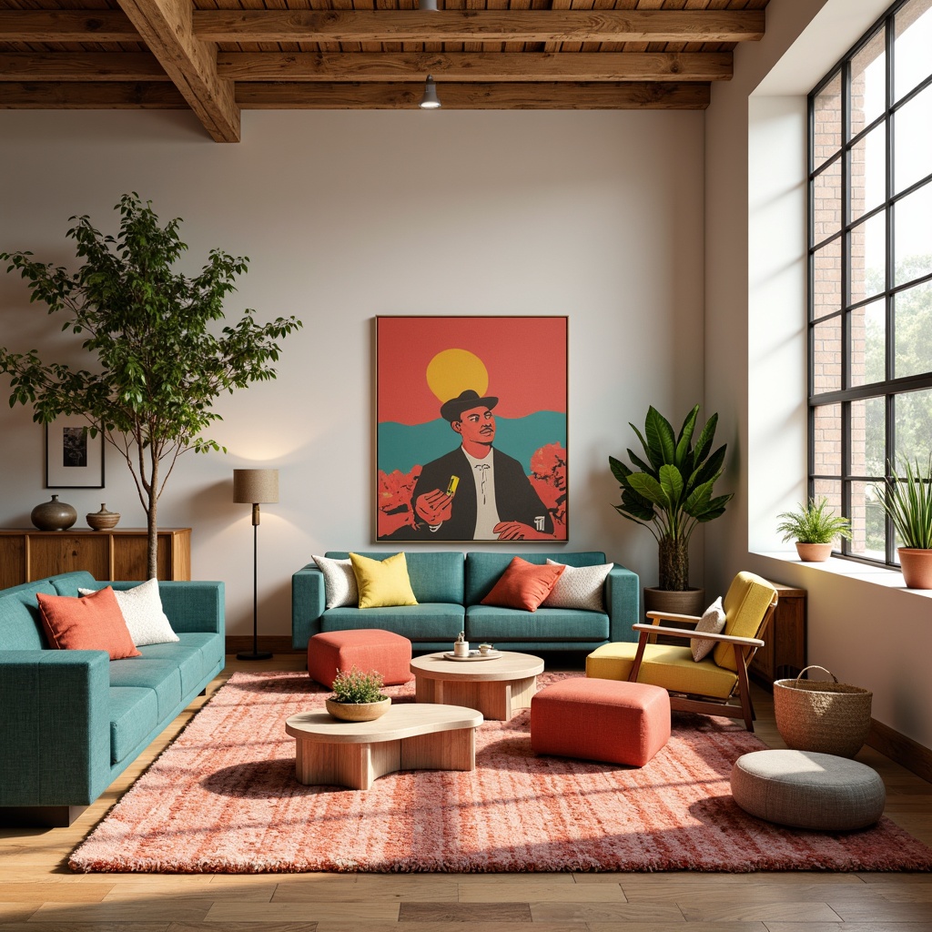 Prompt: Vibrant design studio, modern artistic space, eclectic furniture arrangement, bold colorful accents, textured rugs, abstract artwork, natural wood tones, creamy whites, rich turquoise, deep coral, sunny yellow, warm golden lighting, shallow depth of field, 1/1 composition, realistic textures, ambient occlusion.