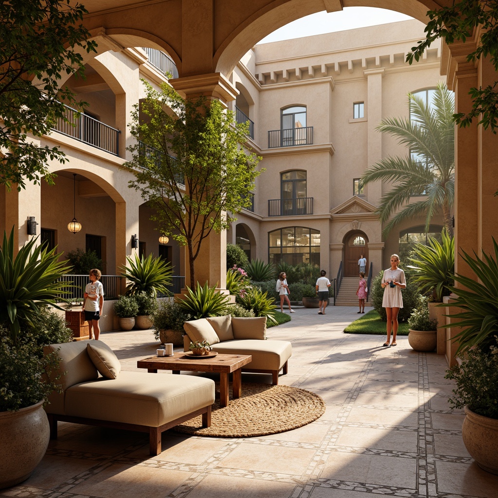 Prompt: Cozy seating areas, warm beige tones, ornate ceramic tiles, rustic wooden benches, lush greenery, vibrant flowers, natural stone floors, arched columns, grand staircases, elegant chandeliers, soft warm lighting, shallow depth of field, 3/4 composition, panoramic view, realistic textures, ambient occlusion, Mediterranean-inspired architectural details, curved lines, ornate metalwork, colorful mosaic patterns, tranquil atmosphere, bustling metro activity.