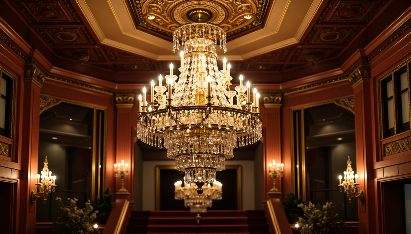 Prompt: Opulent chandelier, crystal drops, ornate metalwork, lavish candelabra, intricate filigree, velvet drapery, rich wood tones, gilded accents, sparkling prisms, grand staircase, ornamental plaster ceiling, dramatic uplighting, warm golden glow, soft diffused light, luxurious ambiance, 1/1 composition, high-contrast lighting, detailed textures, realistic reflections.