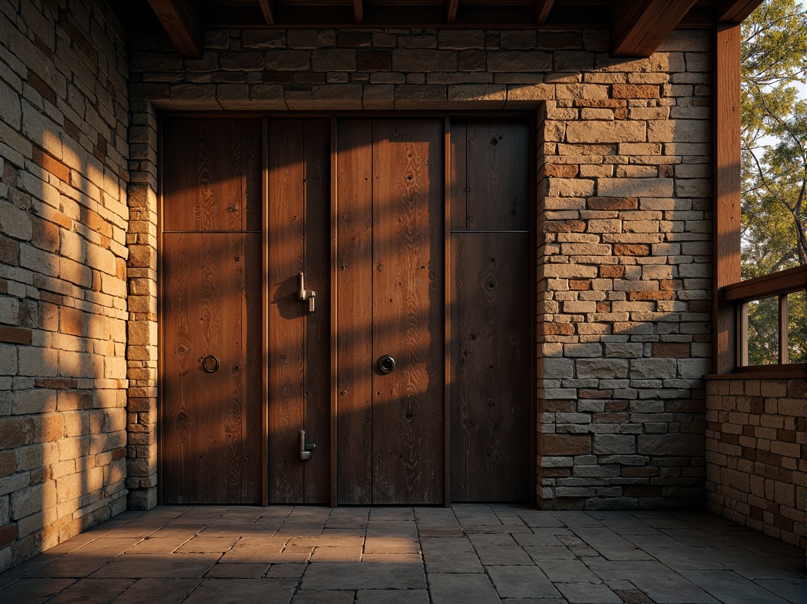 Prompt: Rugged stone walls, weathered wooden planks, distressed metal panels, rough-hewn brick facades, tactile concrete finishes, organic natural materials, earthy color palette, dramatic shadows, high-contrast lighting, atmospheric misting, cinematic composition, 1-point perspective, warm golden hour, realistic rendering, ambient occlusion.