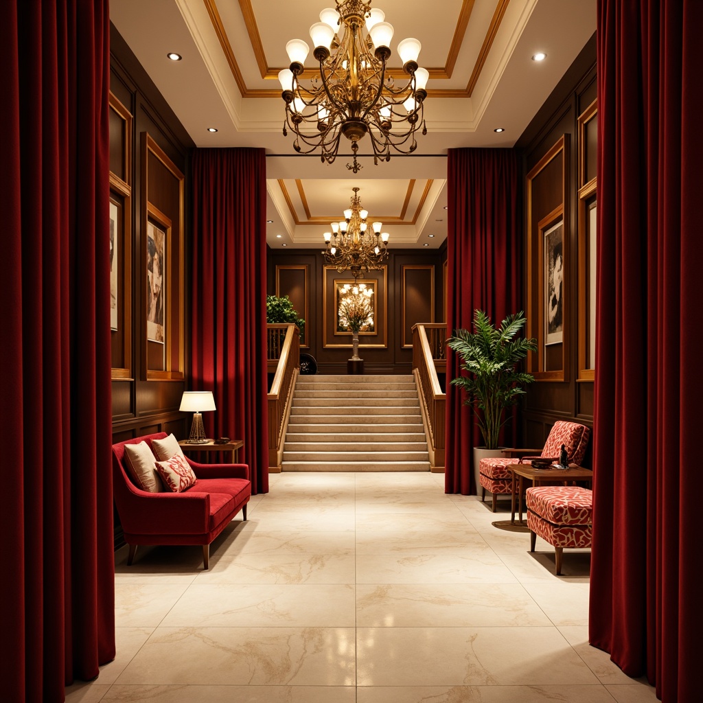 Prompt: Rich velvet curtains, golden accent walls, dark wood paneling, plush red seating, ornate chandeliers, subtle cream-colored floors, softbox lighting, dramatic spotlights, 3/4 composition, symmetrical architecture, grand entrance lobby, majestic staircase, luxurious VIP areas, ambient warm glow, shallow depth of field.