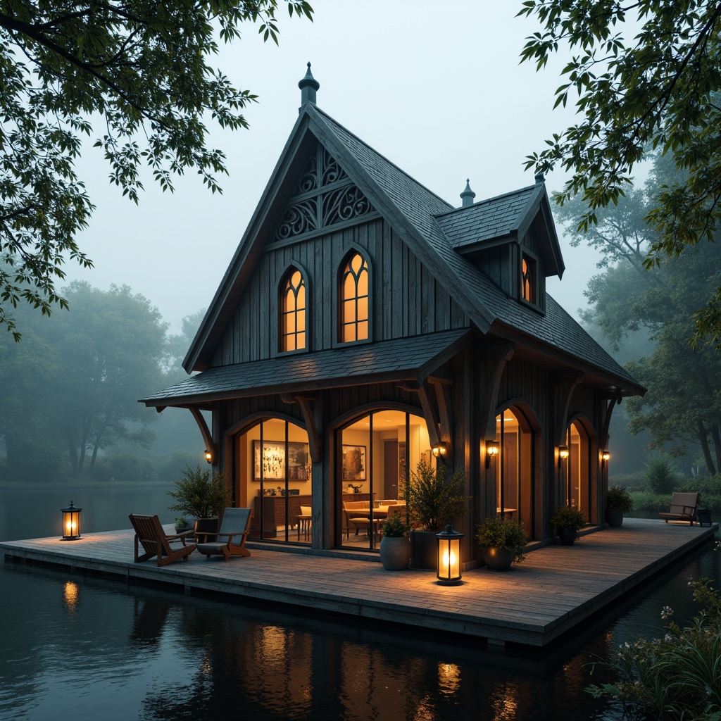 Prompt: Rustic boathouse, wooden dock, weathered planks, nautical ropes, lanterns, Gothic arches, pointed windows, steeply pitched roof, slate tiles, ornate tracery, carved wooden decorations, mysterious foggy atmosphere, misty lake water, surrounding lush vegetation, overhanging trees, warm golden lighting, soft focus, 1/2 composition, atmospheric perspective, detailed textures, subtle ambient occlusion.