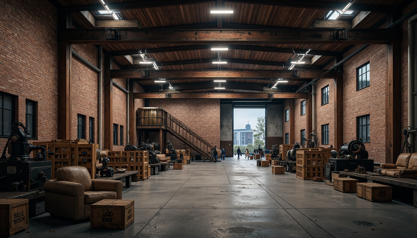 Prompt: Rustic industrial warehouse, exposed brick walls, metal beams, distressed wooden crates, vintage factory equipment, urban cityscape, gloomy cloudy day, warm softbox lighting, shallow depth of field, 2/3 composition, realistic textures, ambient occlusion, earthy tones, rich browns, deep grays, muted blues, weathered steel, rough concrete, reclaimed wood accents.