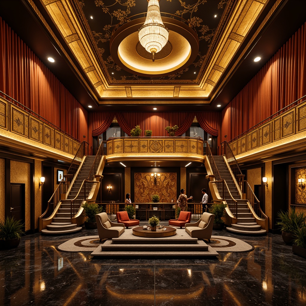 Prompt: Luxurious cinema interior, ornate golden accents, intricate geometric patterns, lavish velvet curtains, richly textured wallpaper, metallic chrome fixtures, sophisticated Art Deco furnishings, glossy black marble floors, grand staircase, sweeping archways, opulent chandeliers, dramatic spotlighting, warm golden lighting, shallow depth of field, 1/1 composition, cinematic color palette, realistic reflections, ambient occlusion.