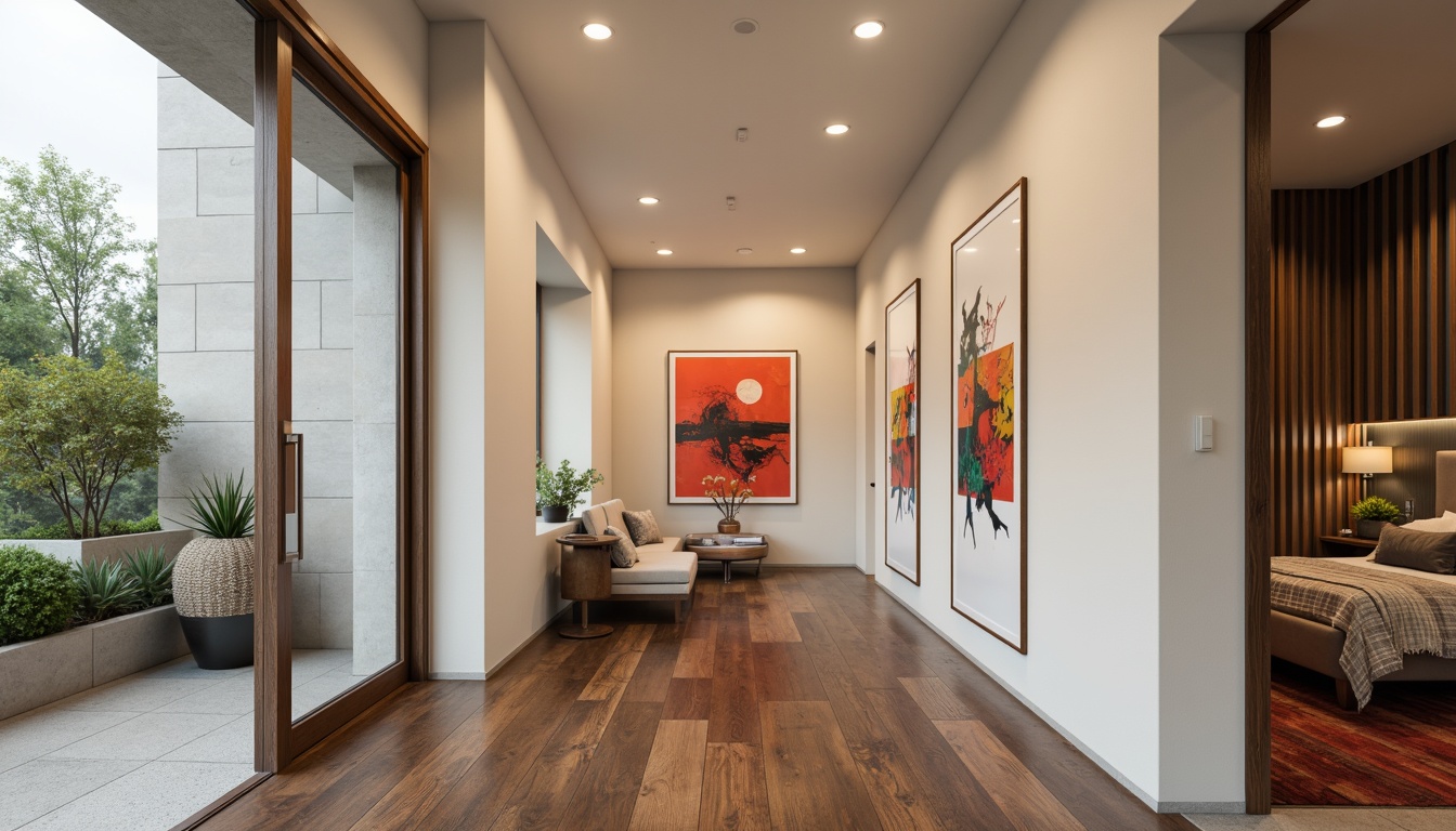 Prompt: Modern entrance hall, sleek glass doors, polished chrome hardware, creamy white walls, rich dark wood flooring, bold accent colors, geometric patterns, abstract artwork, recessed lighting, 3/4 composition, soft warm glow, shallow depth of field, natural textures, ambient occlusion.