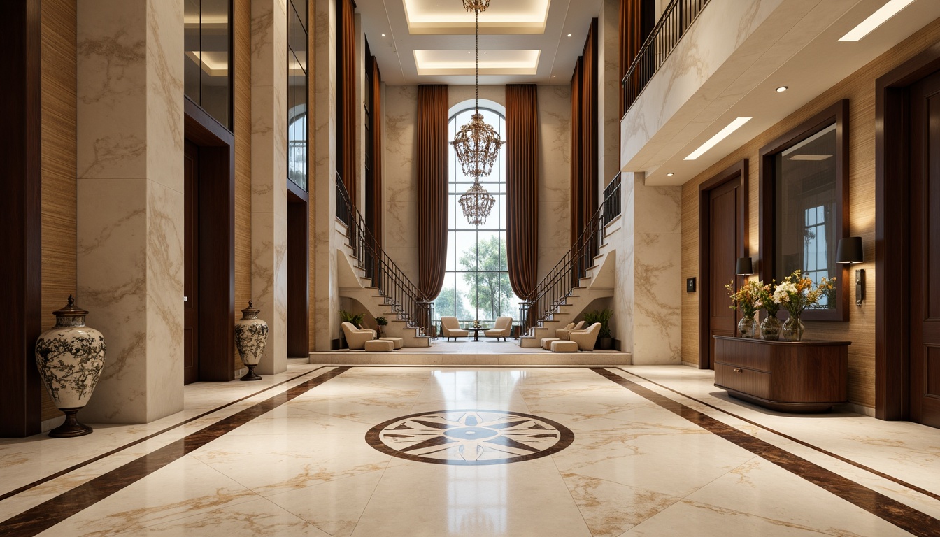 Prompt: Grand entrance, luxurious marble floors, elegant metal railings, sleek glass doors, warm wooden accents, sophisticated stone walls, ornate bronze fixtures, lavish crystal chandeliers, opulent velvet drapes, refined porcelain vases, polished chrome hardware, majestic high ceilings, dramatic spotlights, soft diffused lighting, 1/1 composition, symmetrical framing, realistic reflections.