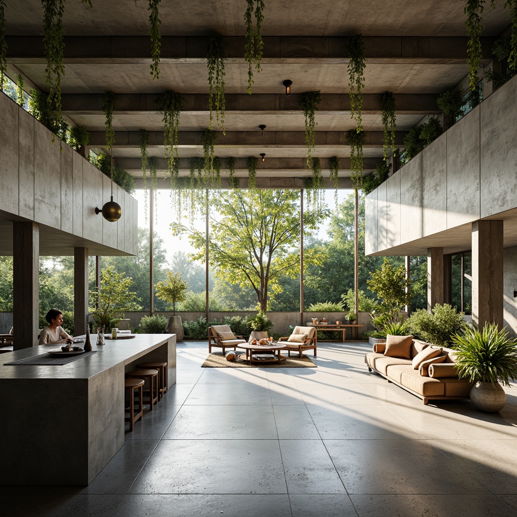 Prompt: Exposed concrete walls, industrial steel beams, minimalist decor, abundant natural light, floor-to-ceiling windows, sliding glass doors, lush greenery, overhanging plants, brutalist architecture, rough-textured stone floors, polished concrete countertops, modernist furniture, open-plan layout, airy atmosphere, soft warm lighting, shallow depth of field, 3/4 composition, panoramic view, realistic textures, ambient occlusion.