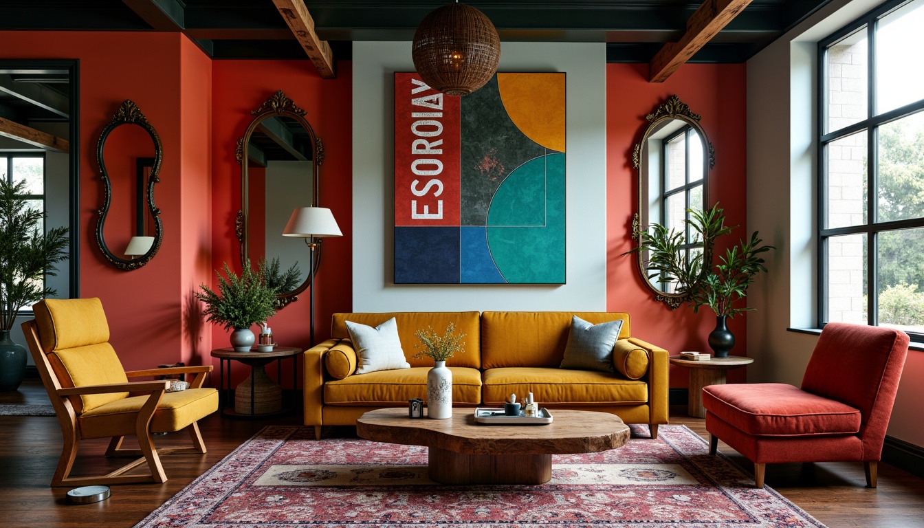 Prompt: Vibrant colored walls, eclectic mix of furniture styles, ornate decorative mirrors, bold patterned rugs, plush velvet sofas, chunky wooden coffee tables, sculptural metal chairs, avant-garde art pieces, abstract geometric patterns, playful oversized lighting fixtures, whimsical accessories, distressed wood accents, bold typography, rich textiles, dynamic composition, 1/2 camera angle, dramatic chiaroscuro lighting, realistic reflections.