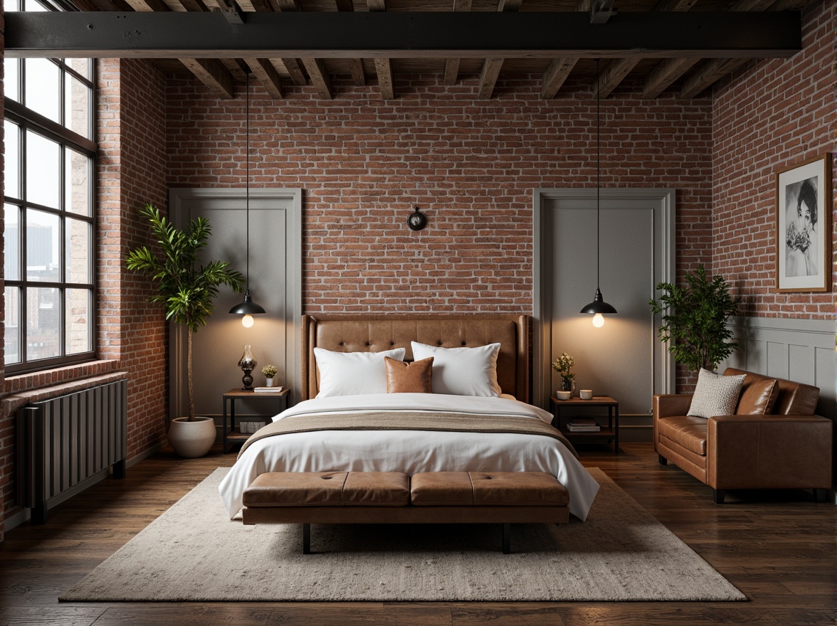 Prompt: Industrial chic bedroom, exposed brick walls, metal beams, reclaimed wood floors, distressed leather furniture, urban loft atmosphere, neutral color scheme, grey tones, beige accents, warm industrial lighting, metal lamp shades, Edison bulbs, soft box shadows, 1/2 composition, cinematic mood, gritty textures, subtle grain.