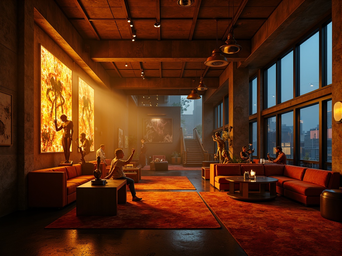 Prompt: Dramatic expressionist interior, warm golden lighting, rich velvet fabrics, ornate metal fixtures, abstract sculptures, bold color palette, eerie shadows, high contrast ratios, moody ambient illumination, floor-to-ceiling windows, urban cityscape views, dark mysterious corridors, dimly lit staircases, futuristic neon accents, cinematic composition, low-key lighting, misty atmospheric effects.