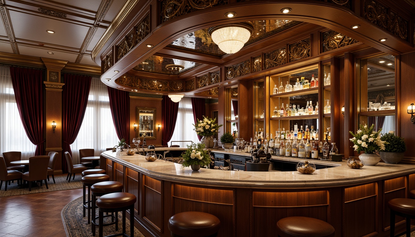 Prompt: Ornate bar counter, Rococo style, curved wooden framework, gilded carvings, ornamental mirrors, crystal chandeliers, velvet drapes, rich brown leather stools, polished marble countertops, golden fixtures, intricate moldings, lavish decorations, soft warm lighting, shallow depth of field, 1/1 composition, realistic textures, ambient occlusion.