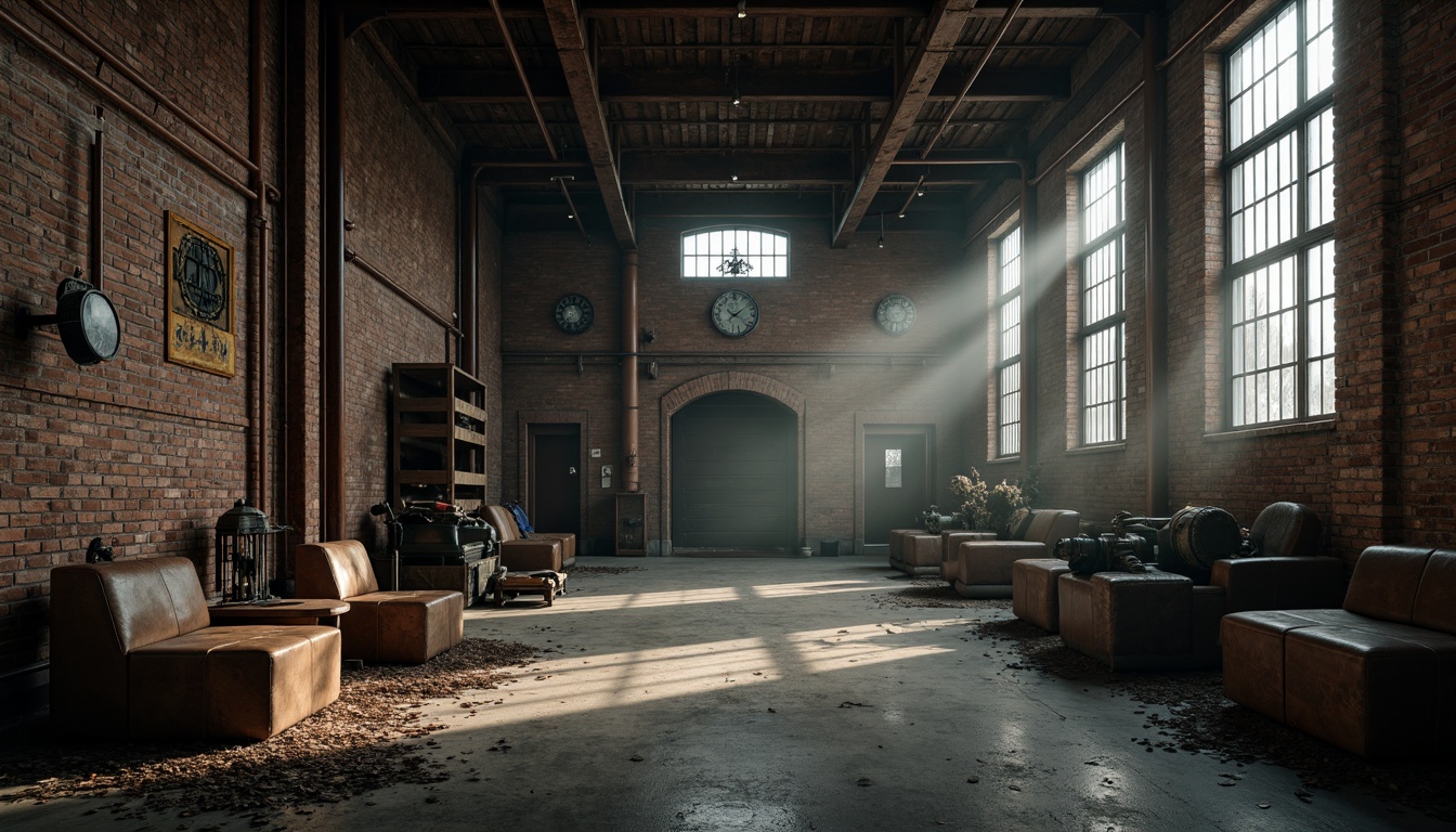 Prompt: Abandoned warehouse, industrial chic, exposed brick walls, rusty metal beams, reclaimed wood accents, vintage factory windows, distressed concrete floors, dimly lit atmosphere, mysterious shadows, eerie ambiance, old machinery parts, worn leather furnishings, metal cage lighting, industrial pipes, urban decay, post-apocalyptic feel, cinematic composition, high contrast ratio, dramatic shading, realistic textures, atmospheric fog.