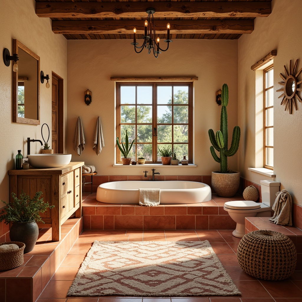 Prompt: Earthy southwestern bathroom, terracotta flooring, sandy beige walls, turquoise accents, vibrant coral hues, natural stone countertops, rustic wooden cabinets, woven textiles, tribal patterned rugs, cacti plants, desert botanicals, warm golden lighting, shallow depth of field, 1/1 composition, realistic textures, ambient occlusion.