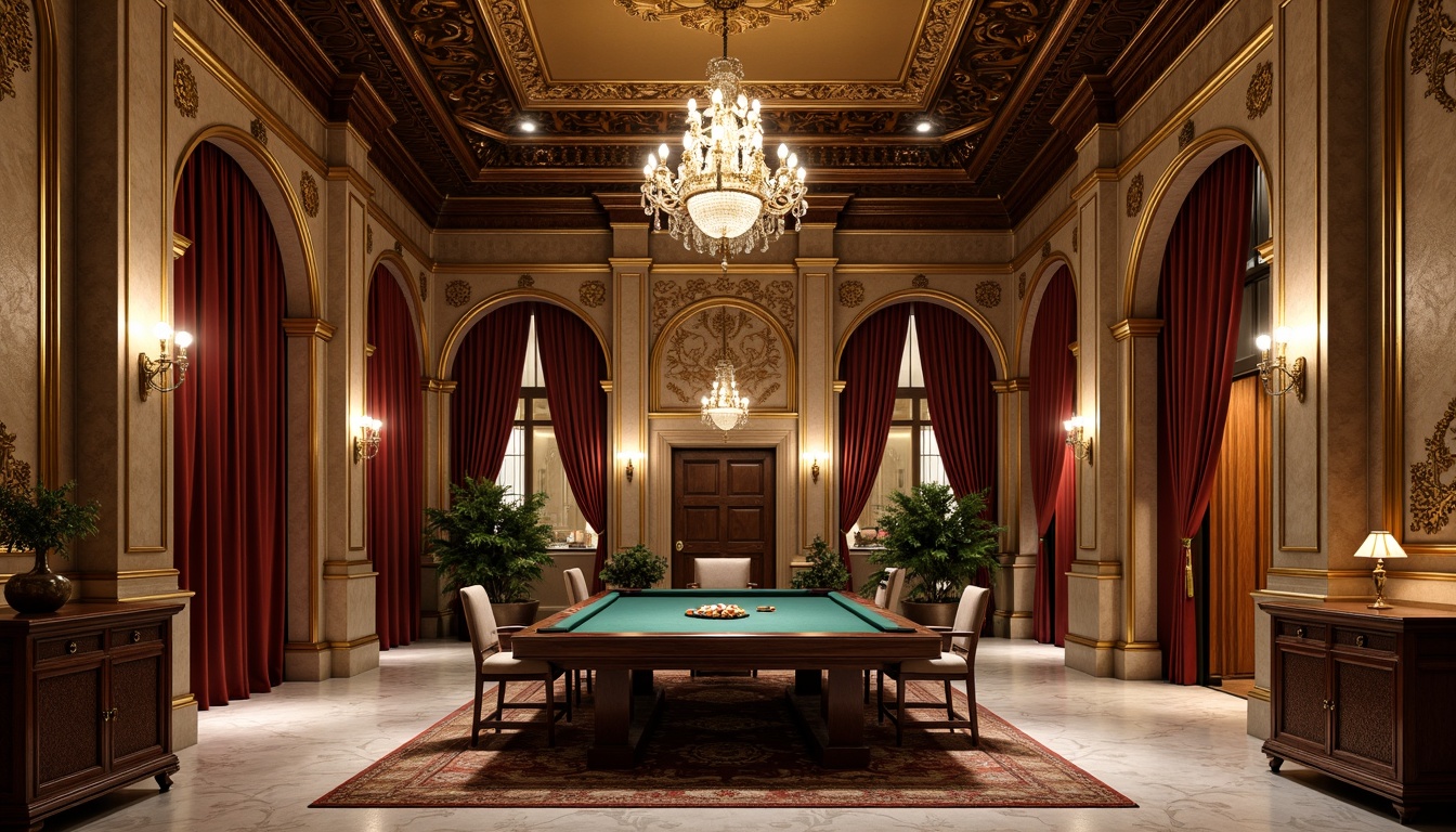 Prompt: Ornate game room, richly textured walls, intricately carved wooden paneling, grandiose chandeliers, lavish furnishings, neoclassical columns, ornamental moldings, gilded accents, luxurious fabrics, opulent velvet drapes, majestic archways, symmetrical compositions, dramatic lighting, warm golden tones, high ceilings, marble floors, crystal candelabras, refined wooden furniture, subtle animations, atmospheric sound effects, cinematic camera angles, 3/4 composition, realistic reflections, ambient occlusion.