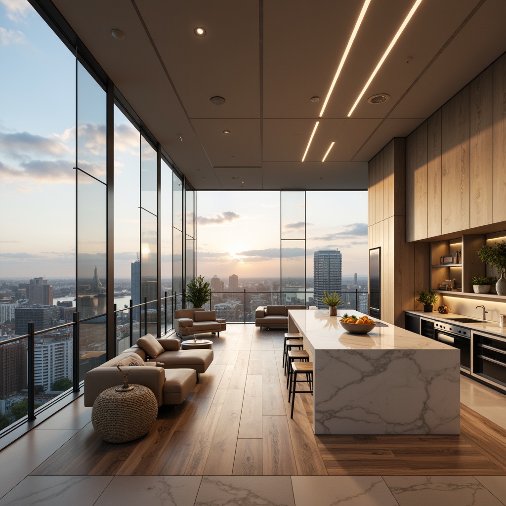 Prompt: Luxurious penthouse, modern minimalist style, sleek lines, floor-to-ceiling windows, panoramic city views, neutral beige walls, rich walnut wood floors, creamy white marble countertops, soft gold accents, calming blue-gray skies, warm sunset lighting, shallow depth of field, 1/2 composition, realistic textures, ambient occlusion.