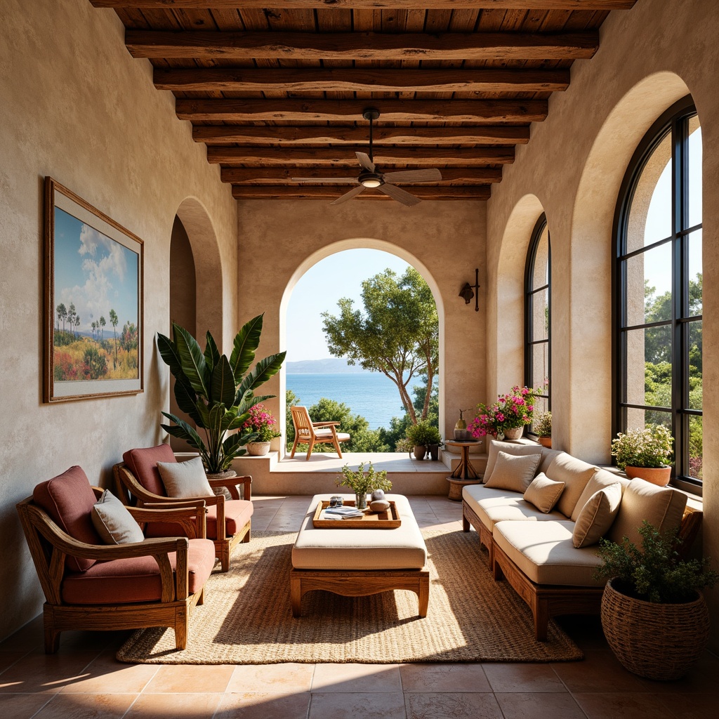 Prompt: Warm Mediterranean interior, textured walls, soft beige stucco finish, rustic stone accents, ornate wooden beams, distressed wood furniture, plush velvet sofas, colorful ceramic tiles, woven jute rugs, natural fiber textiles, warm golden lighting, cozy reading nooks, large windows, scenic ocean views, lush greenery, vibrant bougainvillea flowers, soft warm color palette, classic European architecture, elegant archways, refined ornate details, inviting ambiance, 1/2 composition, shallow depth of field.