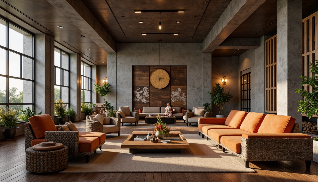 Prompt: Rustic wooden floors, smooth concrete walls, luxurious velvet sofas, industrial metal beams, reclaimed wood accents, natural stone columns, sleek glass tables, woven rattan furniture, earthy terracotta planters, ambient warm lighting, shallow depth of field, 1/2 composition, intimate close-ups, realistic textures, subtle color gradients.