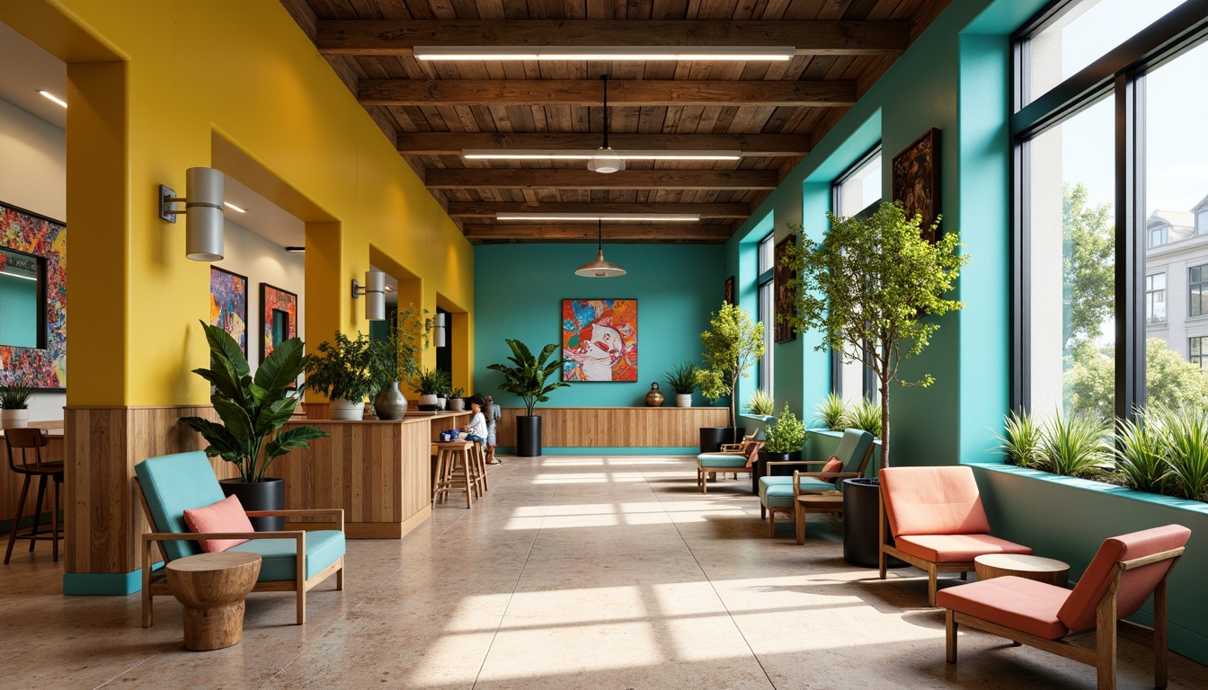 Prompt: Vibrant healthcare center, eclectic style, bold color palette, bright turquoise walls, warm beige floors, rich wood accents, playful yellow furniture, soft peach tones, natural textiles, reclaimed wood decorations, industrial metal fixtures, oversized windows, abundant greenery, lively artwork, whimsical patterns, statement lighting, cozy nooks, flexible seating areas, calming water features, soothing soundscapes, 1/2 composition, shallow depth of field, warm softbox lighting, realistic textures.