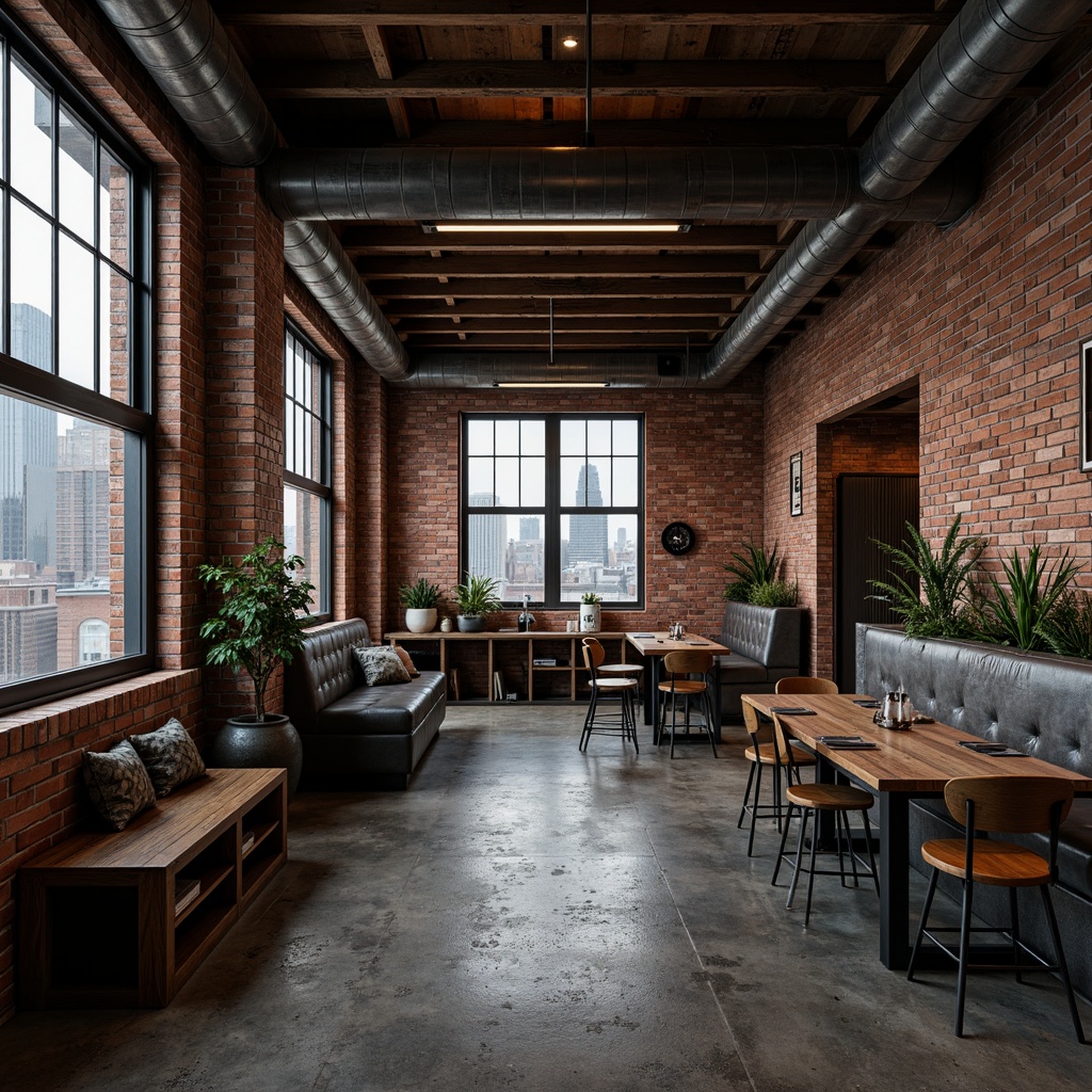 Prompt: Exposed brick walls, industrial pipes, metal beams, reclaimed wood accents, distressed finishes, earthy tones, muted colors, bold contrasting hues, rusty reds, deep blues, urban landscapes, city skylines, gritty textures, dramatic shadows, high-contrast lighting, cinematic composition, atmospheric effects.