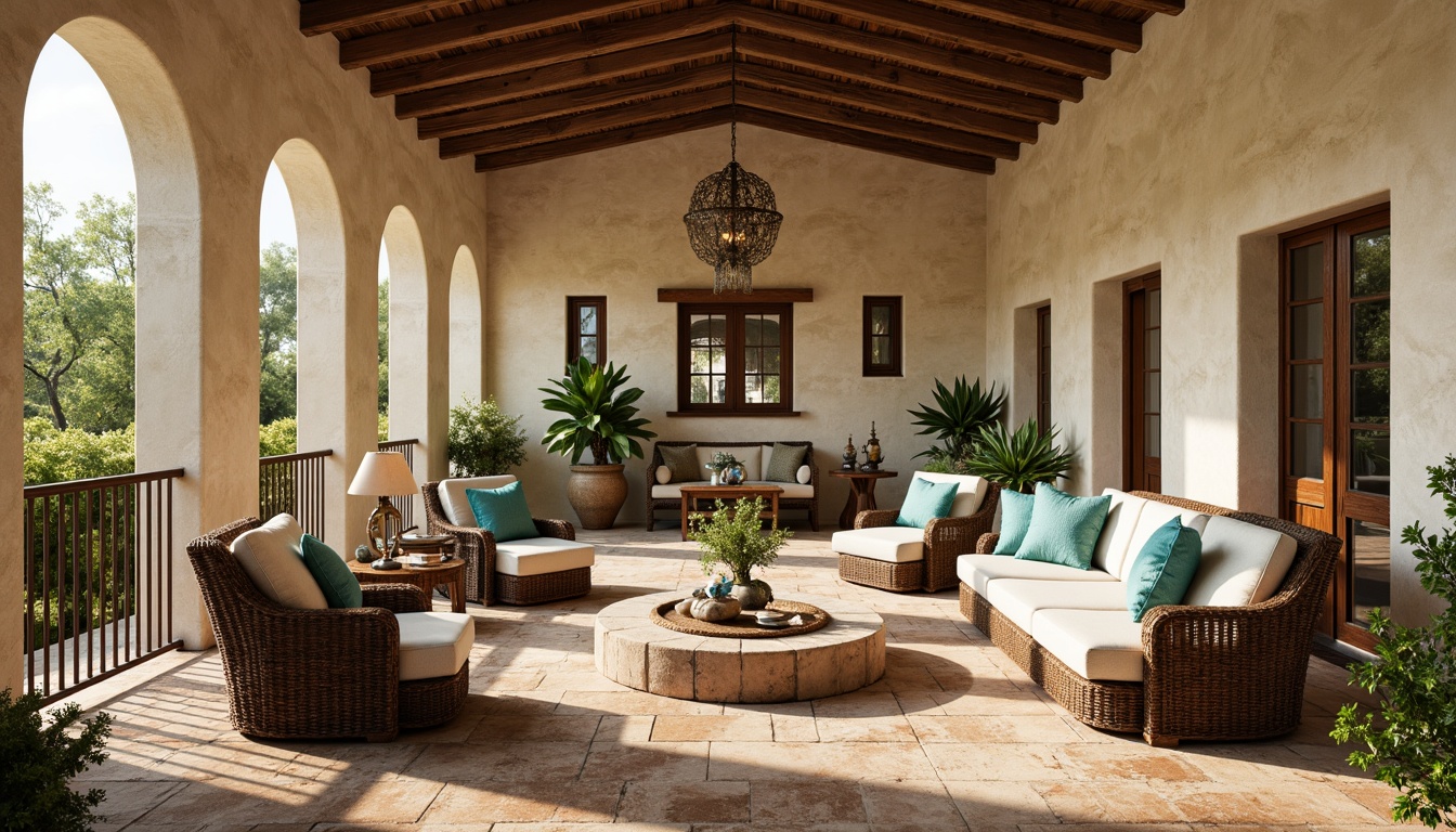 Prompt: Warm Mediterranean villa, curved archways, ornate ironwork, rustic wooden beams, cream-colored stucco walls, turquoise accents, woven wicker furniture, plush velvet upholstery, distressed leather armchairs, hand-painted ceramic tiles, natural stone flooring, ornamental metal lanterns, lush greenery, soft warm lighting, shallow depth of field, 1/1 composition, realistic textures, ambient occlusion.