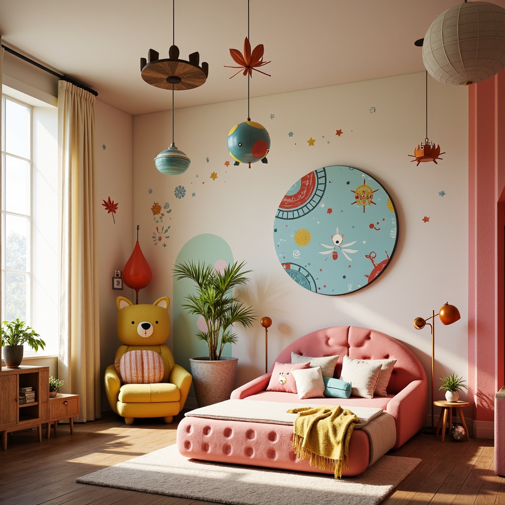 Prompt: Vibrant kids' bedroom, whimsical expressionist furniture, curved lines, bold colors, playful textures, oversized buttons, chunky legs, cartoon-inspired decals, fantastical creatures, dreamlike atmosphere, soft warm lighting, cozy reading nooks, plush area rugs, wooden accents, creamy whites, pastel hues, imagination-driven design, futuristic twists, surrealism-inspired patterns, youthful energy, creative freedom, 1/1 composition, shallow depth of field, realistic fabrics.