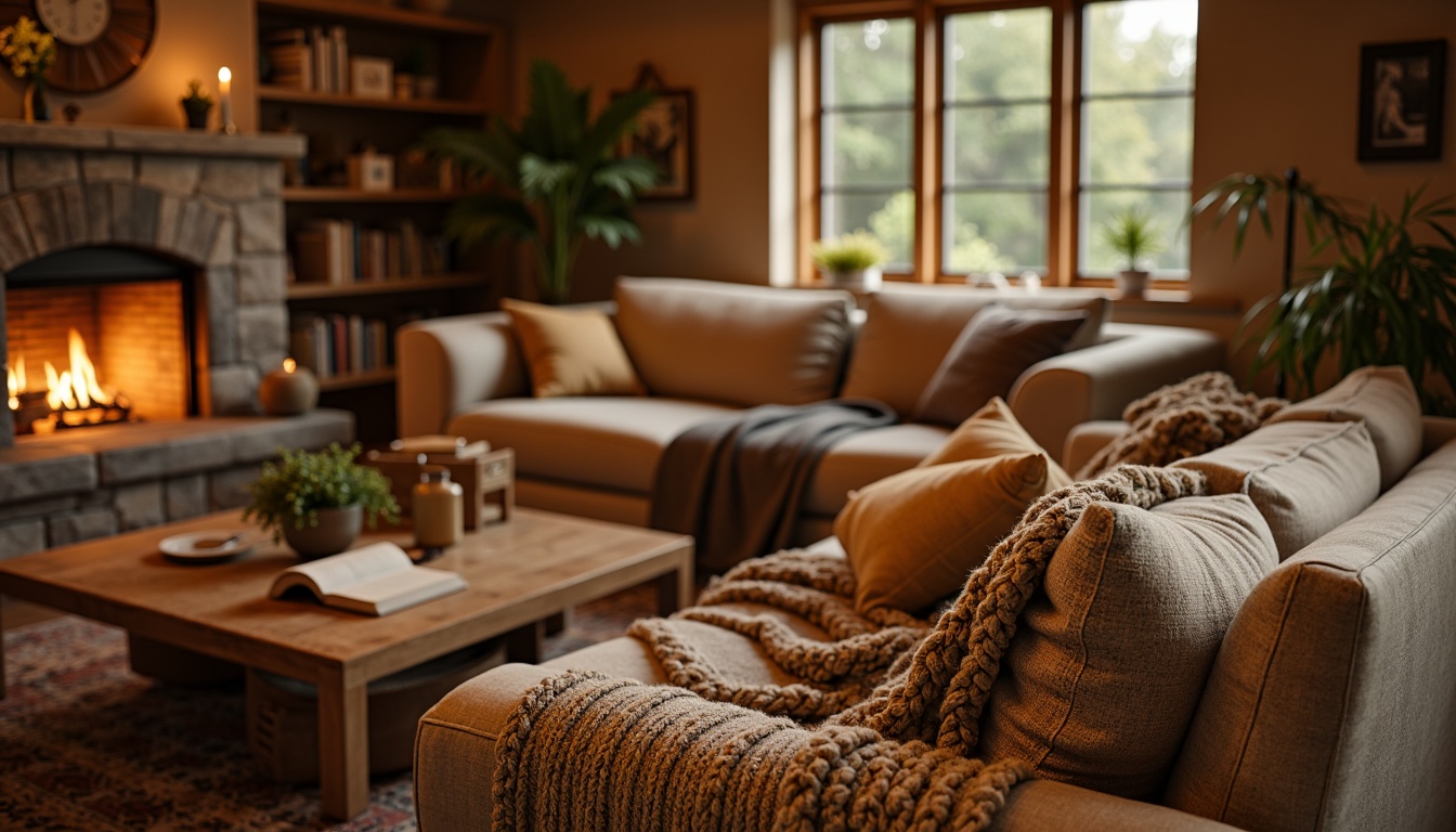 Prompt: Warm living room, plush throw blankets, soft velvet fabrics, rich corduroy textures, natural woven fibers, earthy tone color palette, golden lighting ambiance, crackling fireplace, comfortable seating arrangements, oversized pillows, chunky knitted patterns, warm beige walls, rustic wooden accents, cozy reading nooks, relaxing atmosphere, shallow depth of field, 1/1 composition, softbox lighting, realistic fabric textures.