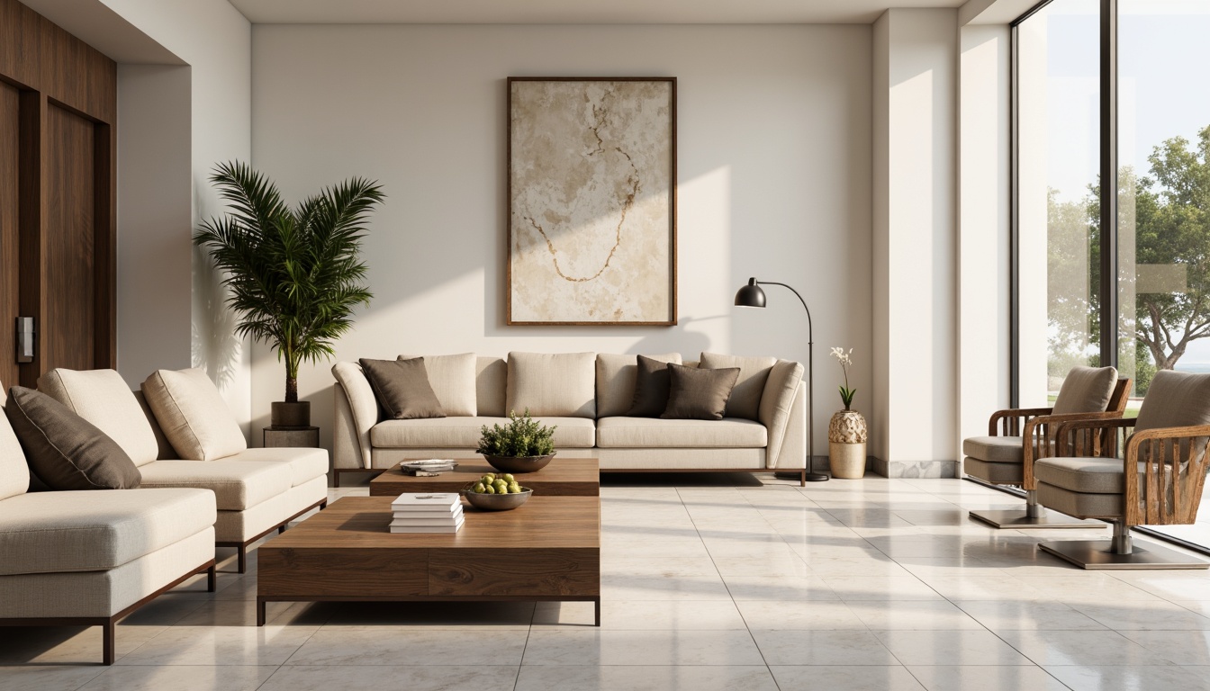 Prompt: Luxurious living room, polished marble floors, glossy wooden tables, sleek metal decorations, velvety sofas, creamy white walls, subtle texture patterns, ambient soft lighting, shallow depth of field, 1/1 composition, realistic reflections, high-end materials, modern minimalist style, calm atmosphere, natural stone accents, warm beige tones.