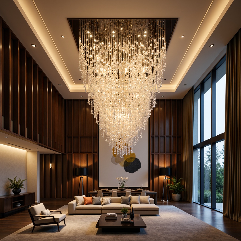 Prompt: Elegant chandelier, crystal droplets, polished metal frame, luxurious ambiance, high ceiling, spacious living room, sophisticated interior design, warm soft lighting, cozy atmosphere, floor-to-ceiling windows, natural daylight, subtle shade control, ambient glow, recessed lights, modern minimalist aesthetic, sleek linear profiles, LED strips, hidden light sources, dramatic focal points, layered lighting scheme, visual interest, refined sophistication.