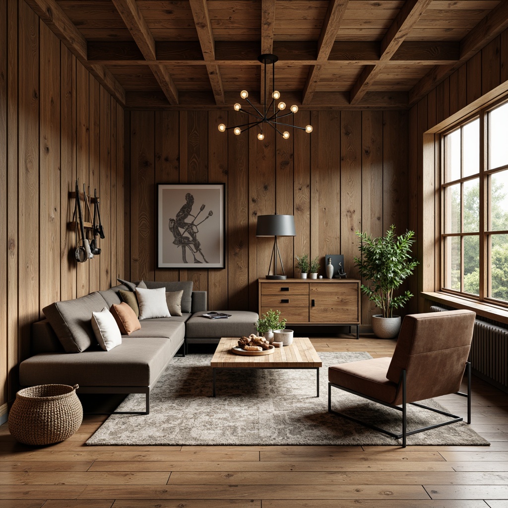 Prompt: Rustic farmhouse, wooden accents, natural textures, earthy tones, modern streamline furniture, sleek metal legs, minimalist decor, reclaimed wood coffee table, plush velvet sofa, industrial metal chandeliers, exposed brick walls, vintage farm tools, distressed wood flooring, warm candlelight, shallow depth of field, 1/1 composition, realistic wood grain, ambient occlusion.