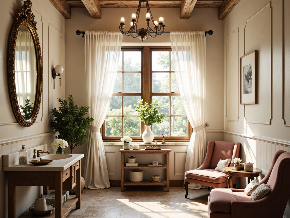 Prompt: Rustic French country powder room, distressed wood panels, soft cream walls, elegant gold accents, ornate mirrors, porcelain vases, delicate florals, lace curtains, velvet armchairs, carved wooden furniture, natural stone floors, soft warm lighting, shallow depth of field, 3/4 composition, panoramic view, realistic textures, ambient occlusion.