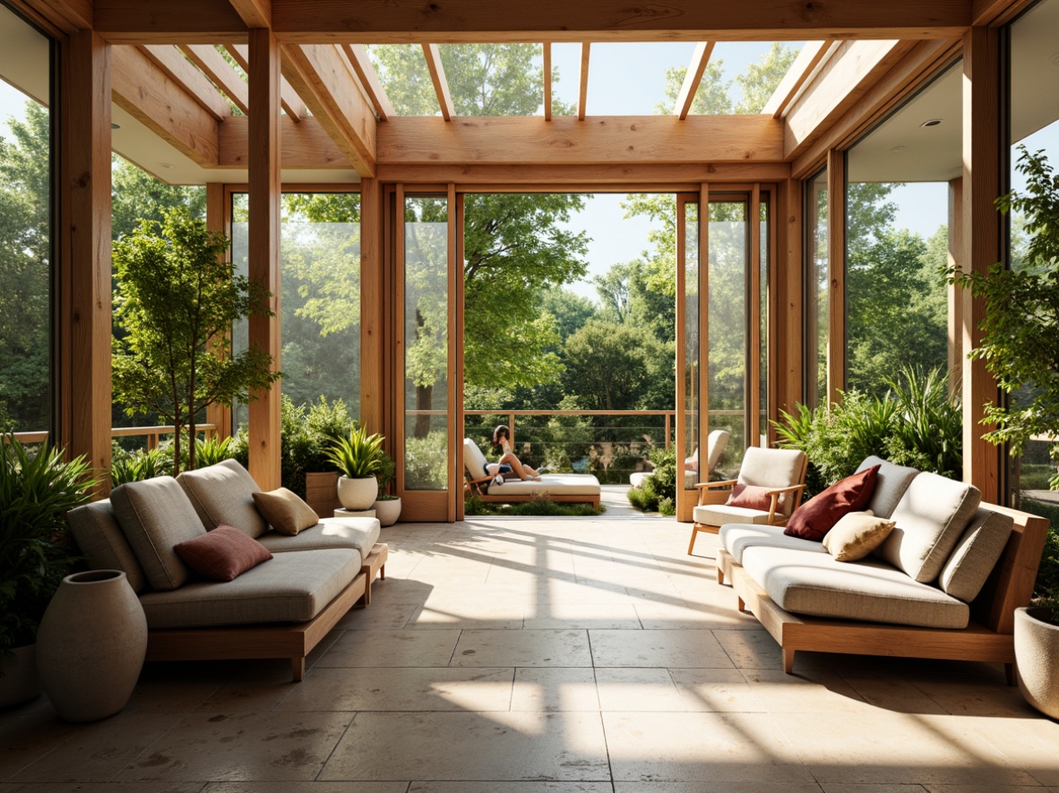 Prompt: Sun-drenched sunroom, spacious interior, large windows, sliding glass doors, natural stone flooring, plush furniture, vibrant greenery, potted plants, cozy reading nook, built-in shelving, wooden accents, modern minimalist decor, warm earthy tones, soft diffused lighting, 1/1 composition, shallow depth of field, realistic textures, ambient occlusion.