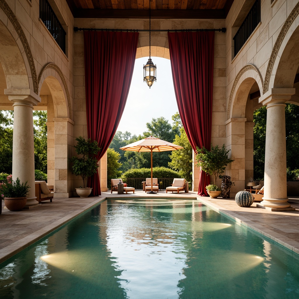 Prompt: Elegant poolside cabana, luxurious velvet drapes, ornate bronze lanterns, subtle aqua-green water, soft ripples, tranquil atmosphere, limestone surroundings, classic Roman columns, intricately patterned tile floors, plush lounge chairs, vibrant striped umbrellas, warm golden lighting, shallow depth of field, 1/2 composition, serene reflective surfaces, ornamental fountains, lush greenery, delicate flower arrangements.