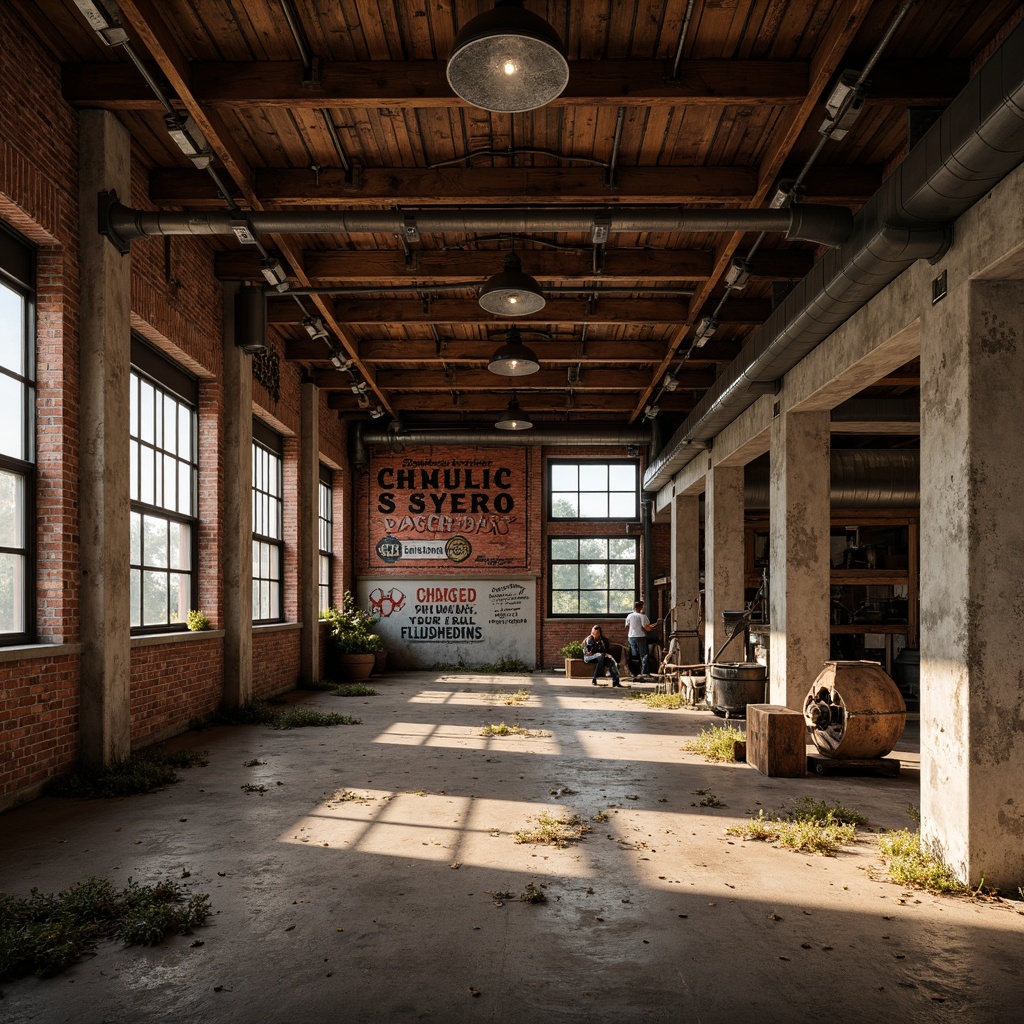 Prompt: Abandoned warehouse, distressed brick walls, rusty metal beams, worn wooden floors, exposed ductwork, industrial lighting fixtures, reclaimed wood accents, vintage factory equipment, crumbling concrete pillars, faded advertisements, dimly lit atmosphere, warm golden lighting, shallow depth of field, 1/2 composition, realistic textures, ambient occlusion.