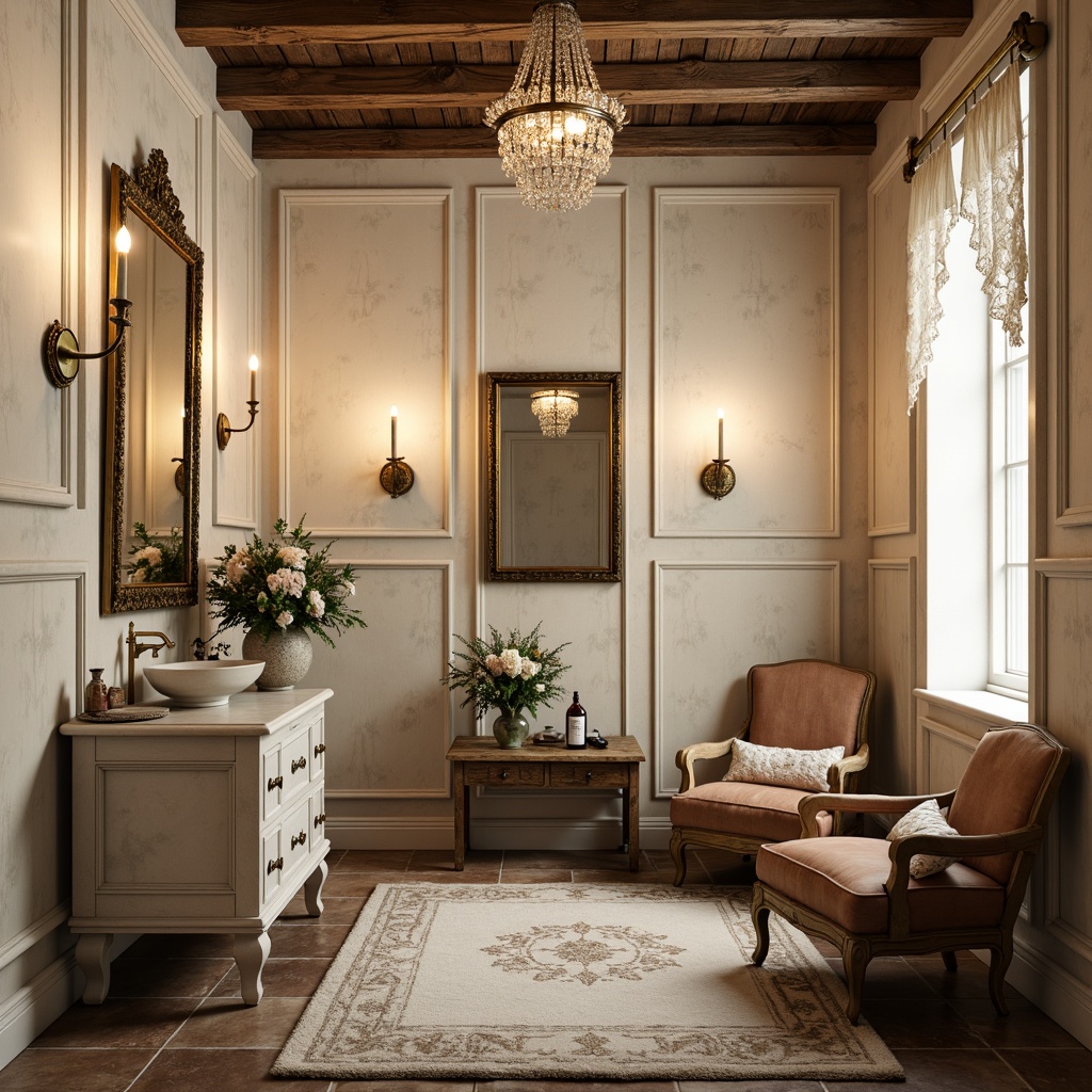 Prompt: Rustic French country powder room, distressed wood panels, soft cream walls, ornate gold mirrors, elegant crystal chandeliers, vintage porcelain vases, fresh flower arrangements, delicate lace curtains, antique furniture pieces, worn leather armchairs, plush area rugs, warm beige tones, natural stone floors, rustic wooden beams, soft warm lighting, shallow depth of field, 1/1 composition, intimate atmosphere, realistic textures, ambient occlusion.