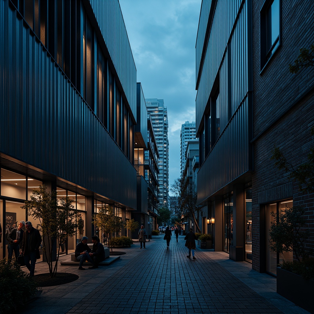 Prompt: Corrugated metal facade, industrial aesthetic, modern architecture, urban landscape, cityscape, abstract patterns, reflective surfaces, metallic sheen, contrasting textures, brutalist design, functional minimalism, structural expression, angular forms, geometric abstraction, dramatic lighting, high-contrast shadows, cinematic atmosphere, futuristic ambiance, cyberpunk influence, neon-lit nightscape.